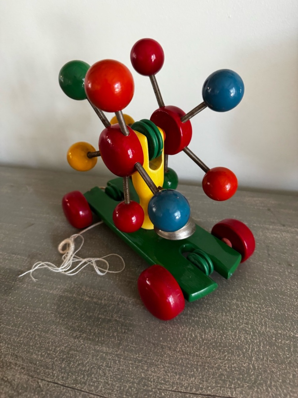 Vintage Kouvalias Toys Wooden Pull Toy Bell Spring Wobble Made in Greece